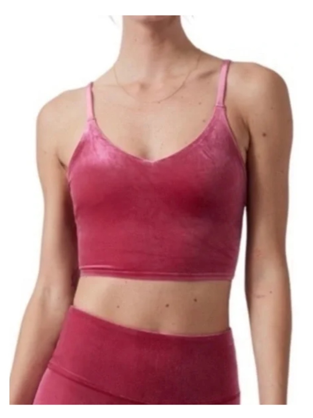 ATHLETA Elation V-Neck Longline Pink Crushed Velvet Crop Tank Bra and leggings